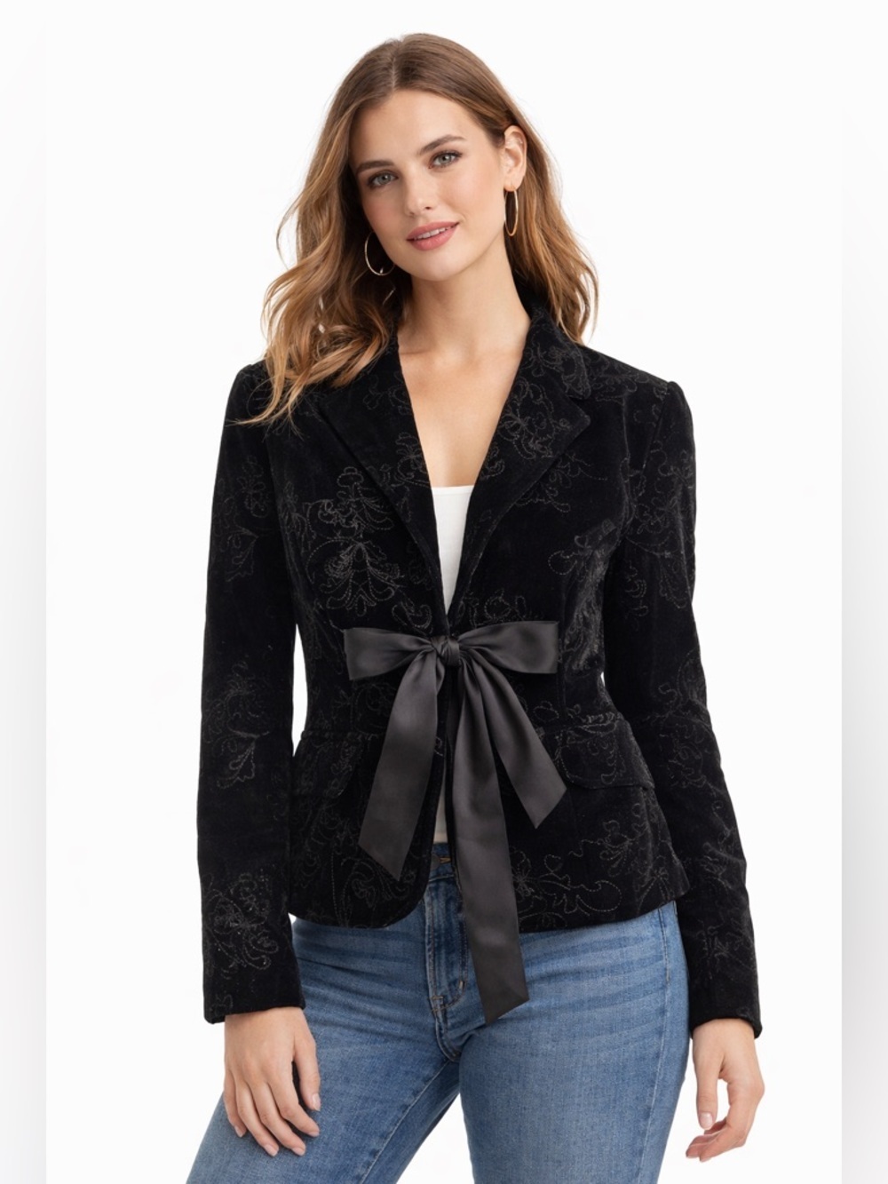 Vintage Velvet Blazer Embroidered Tie Front Goth Boho Y2K 2005 Large